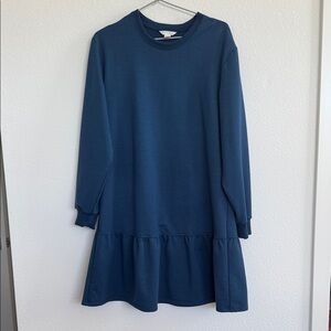 Navy Blue Long Sleeve Ruffle Hem Sweatshirt Dress